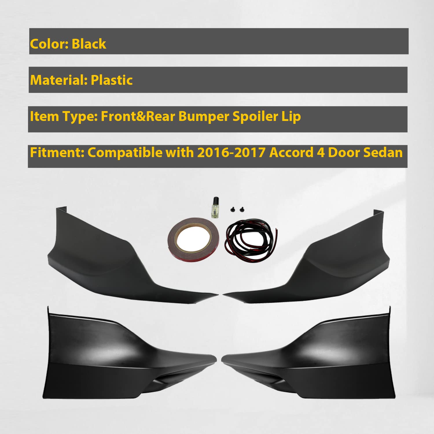 KUAFU Front Bumper Spoiler Lip Splitter Underbody Black Compatible with 2016-2017 Honda Accord 4 Door Sedan Pair HFP Style