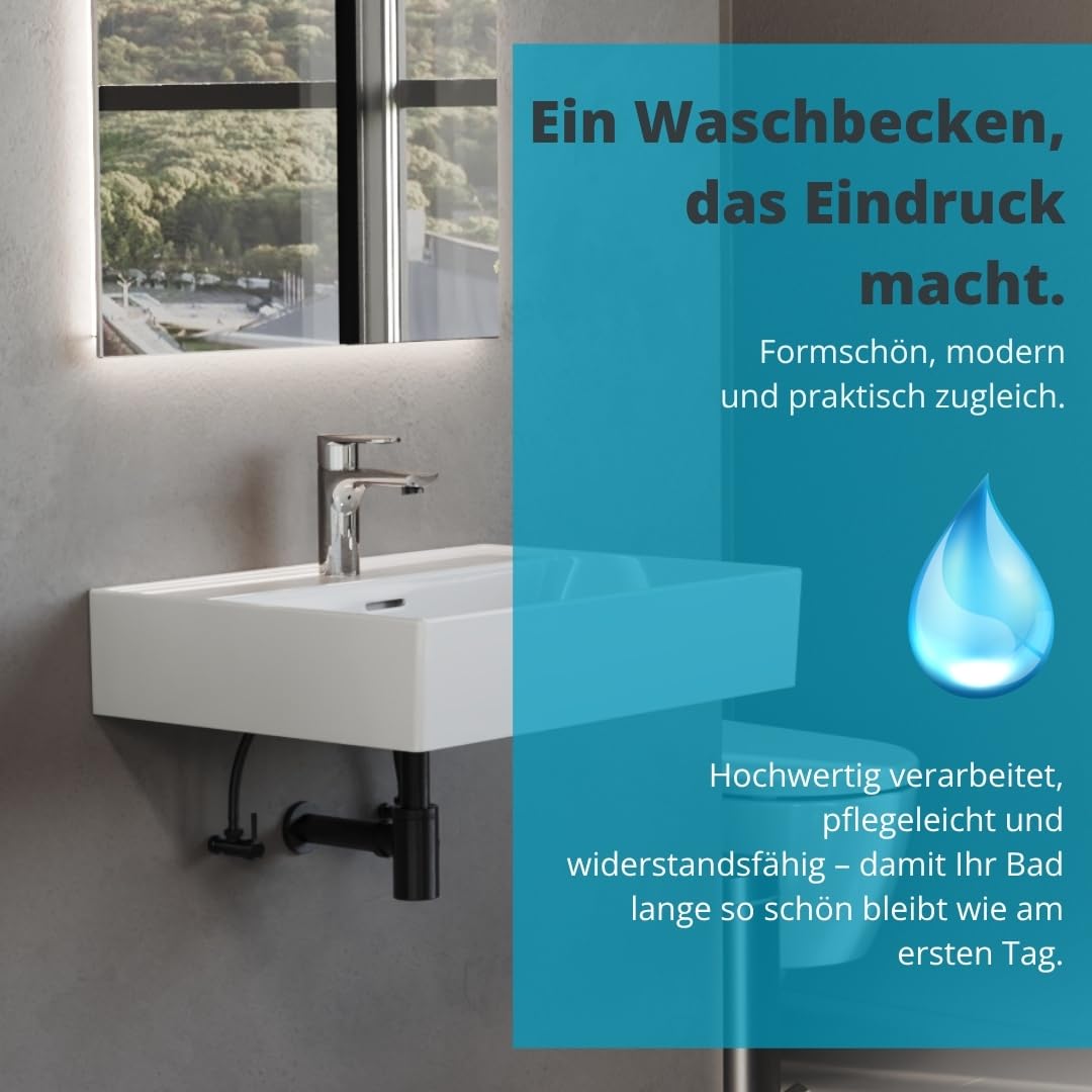 Aqua Bagno lavabo 60 cm bianco – lavabo in ceramica rettangolare per bagno, bordo sottile, design moderno, montaggio a parete o su mobile bagno, superficie facile da pulire e resistente
