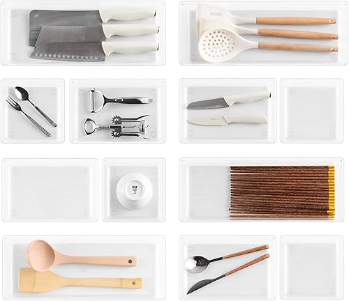 Miniatura 3 de Paquete de 12 organizadores grandes de cajones transparentes para armario, 3 tamaños versátiles bandejas organizadoras de cajones de baño y tocador,