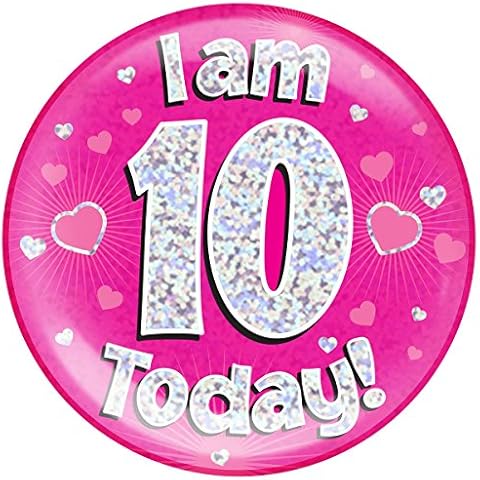 OAKTREE UK 633117 6" Jumbo Badge I am 10 Today Pink Holographic Dot Cover