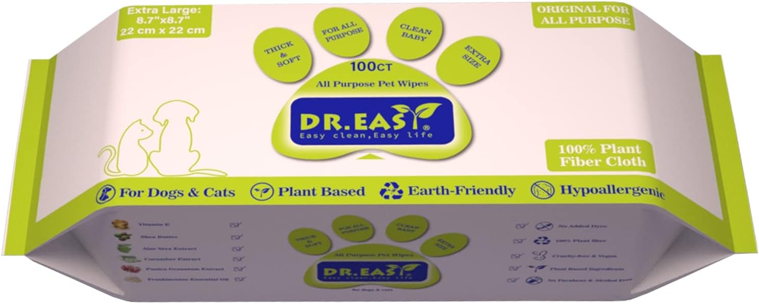 DR.EASY All Purpose Pet Grooming Wipes 100Ct Plant Based Ingredients for Paws,Body,Nose &Bum Cleaning,Remove Dirt,Dander & Excess Hair with Soft and Thick Wipes,No Fragrance DR.EASY All Purpose Pet Grooming Wipes 100Ct Plant Based Ingredients for Paws,Body,Nose &Bum Cleaning,Remove Dirt,Dander & Excess Hair with Soft and Thick Wipes,No Fragrance