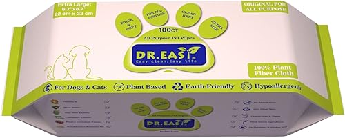 DR.EASY Toallitas multiusos para mascotas 100 unidades ingredientes a base de plantas para limpieza de patas, cuerpo, nariz y traseros, eliminar la