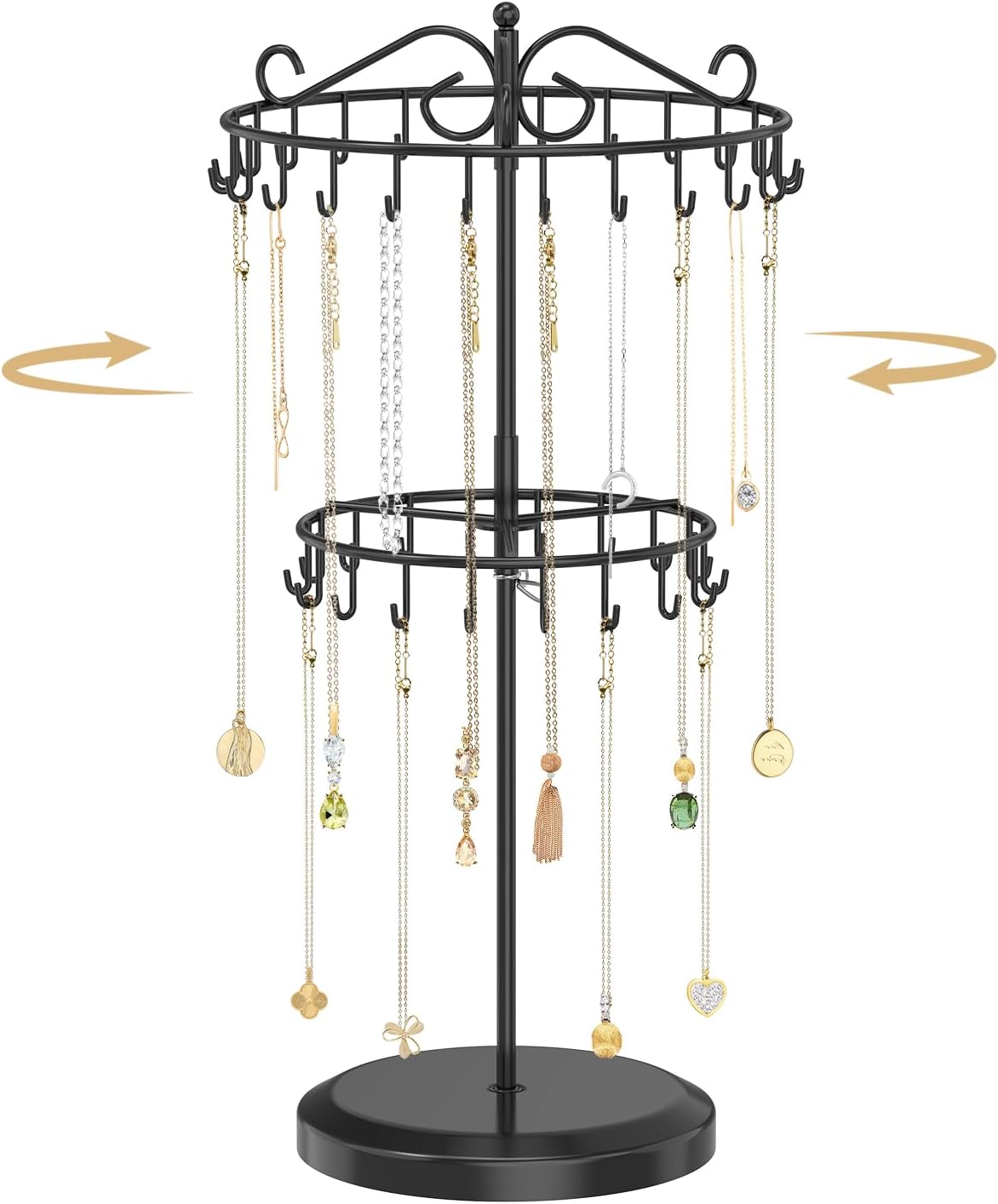 MODOWEY Rotating Necklace Holder Organizer Display Stand with 42 Hooks, 2 Tier Adjustable Metal Tree for Long Necklace Hanger Selling, Tall Spinning Bracelet Storage Rack for Men Women, Black