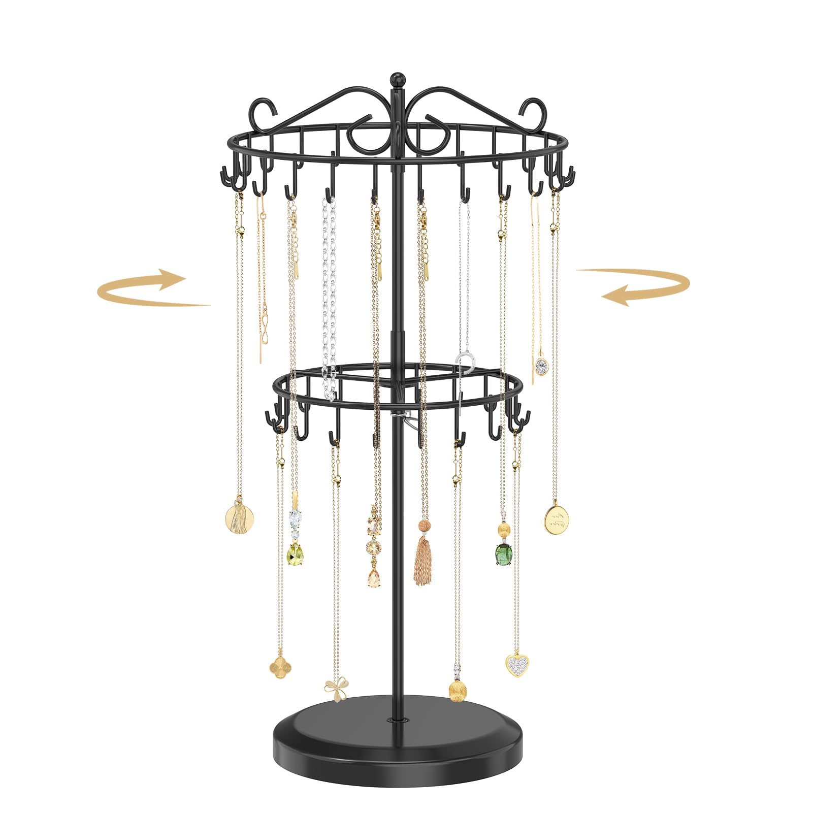 TANOSAN Kettenständer Schmuck Organizer mit 42 Haken, drehbarer Kettenhalter aus Metall, höhenverstellbar für lange und kurze Halsketten, tangle-free Aufbewahrung für Damen Herren, schwarz, 2-stufig