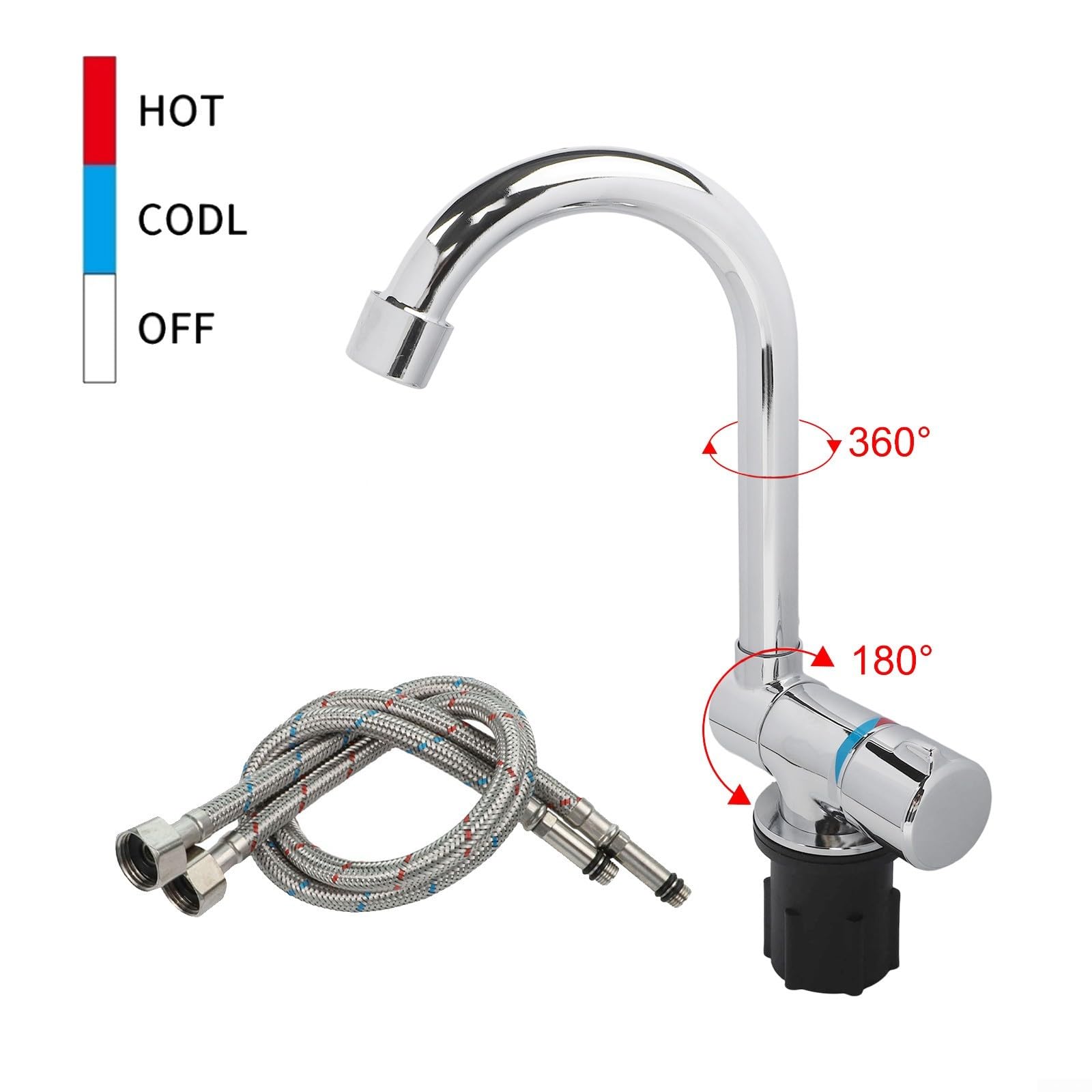 Grifo plegable para caravanas, autocaravanas, cobre y cromo, giratorio 360°, plegable 180°, grifo de agua caliente y fría, ahorro de espacio, para camping, barco, cocina, baño, plata