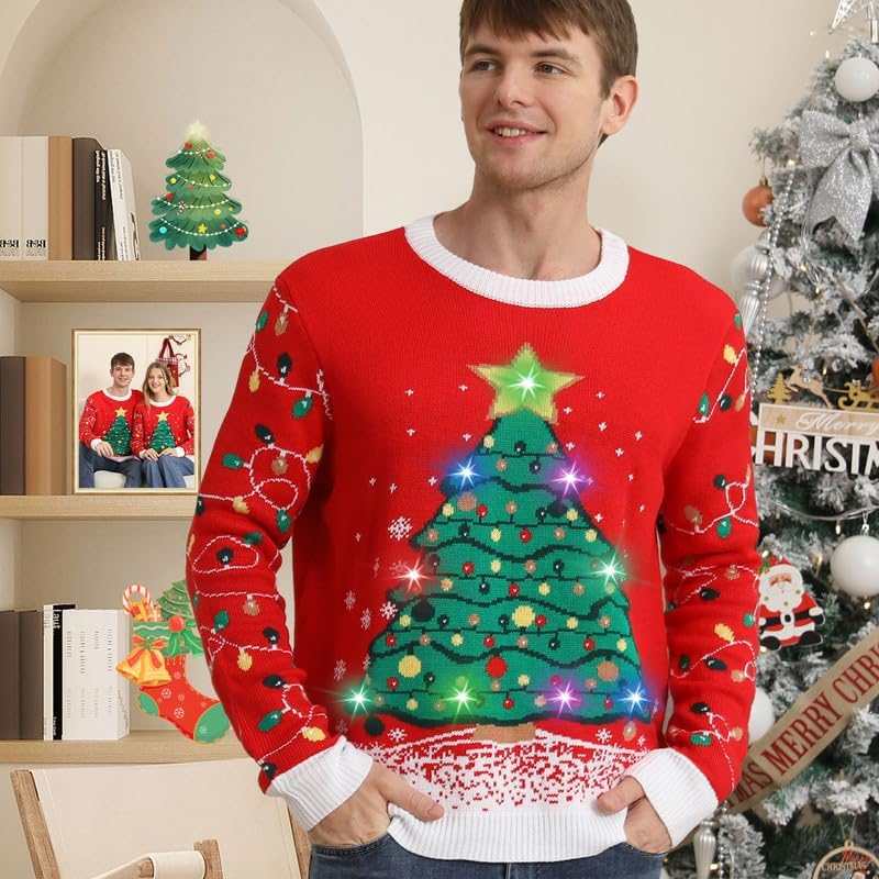 Ugly Christmas Sweaters for Women Men,Light Up Christmas Sweater,Funny Christmas Tree Red Unisex Xmas Sweaters for Couples - Image 2