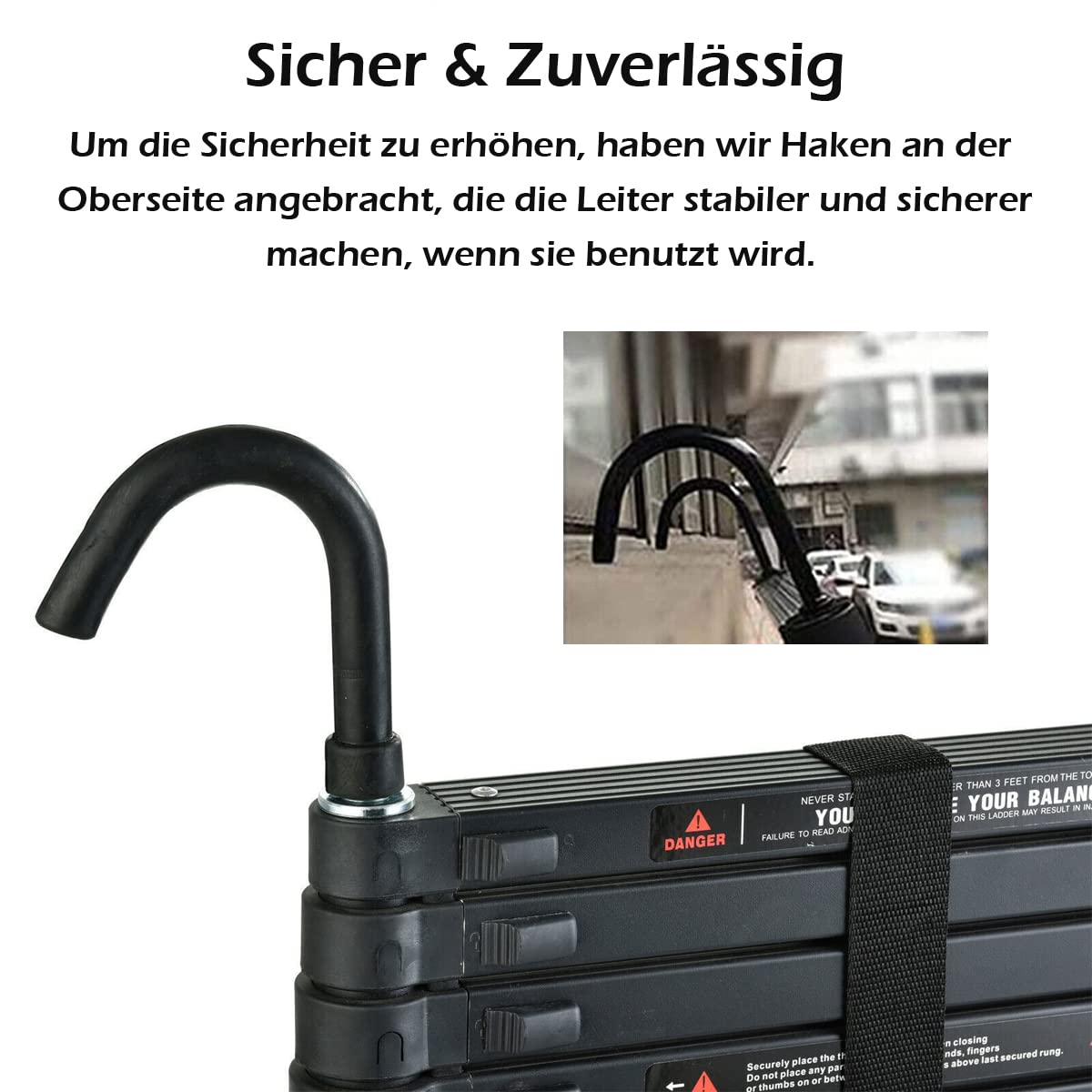 5M Teleskopleiter mit Haken, Rutschfester Ausziehleiter Klappleiter Schiebeleiter aus hochwertiges Alu, 13 Stufen Stehleiter Mehrzweckleiter, 150kg Belastbarkeit