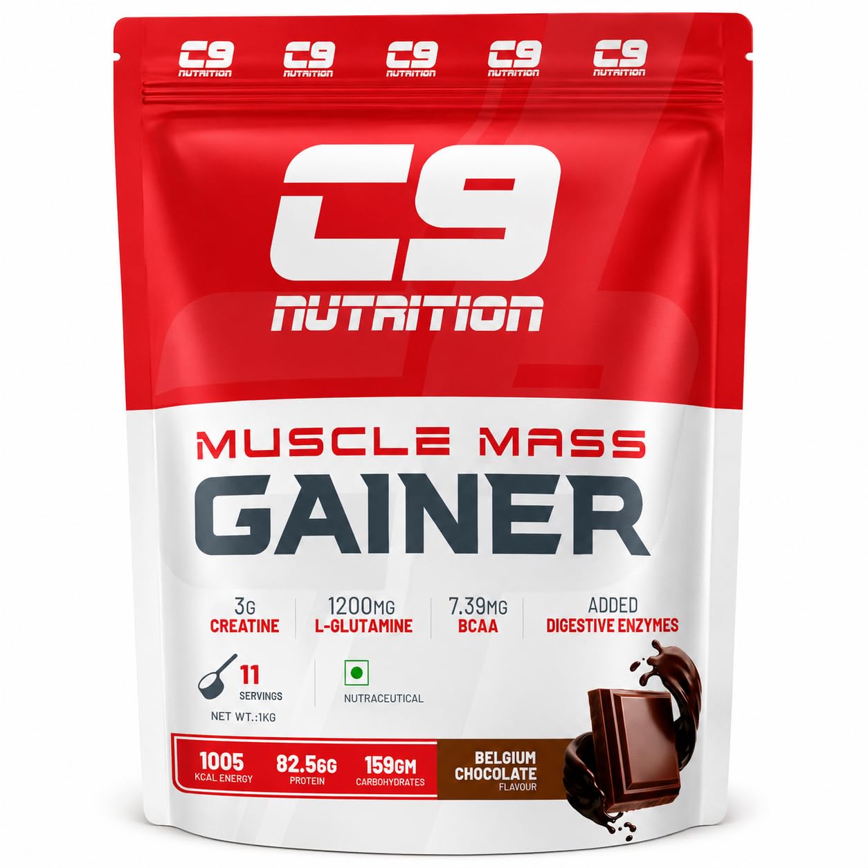 C9 Nutrition Muscle Mass Gainer | 82.5g Protein | 159g Carbohydrates | 1005 Kcal | 3g Creatine | 1200mg L-Glutamine | 7.39g BCAA | Digestive Enzymes | Belgium Chocolate | 1kg