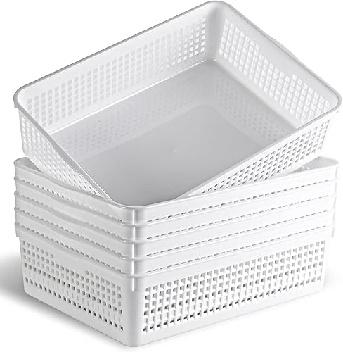 Cesta de almacenamiento de plástico de tamaño A4, bandeja organizadora de cartas de papel de archivo, 6 paquetes (blanco)