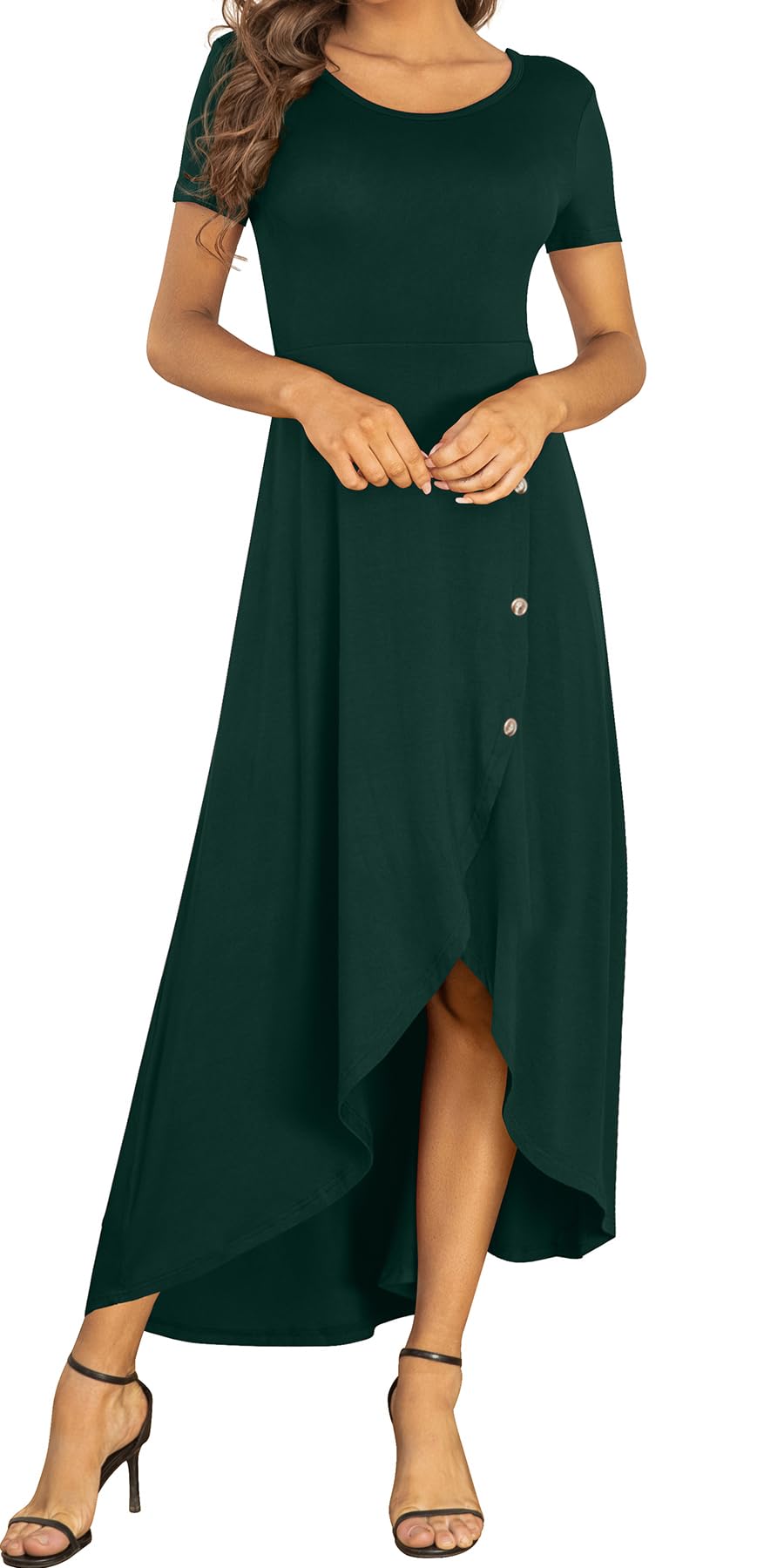 AYIFU Womens Summer Dresses High Low Slit Hem Casual Short Sleeve Maxi Dress with Buttons