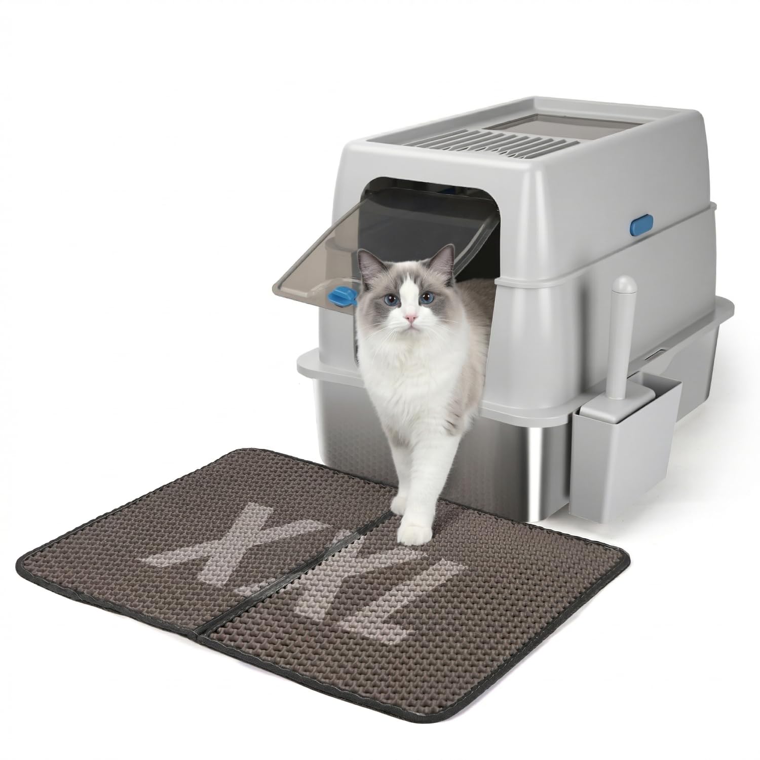 Nobleza - Bandeja de cama cerrada de acero inoxidable con tapa XXL, resistente a los olores, limpieza rápida, incluida pala + alfombra para gatos