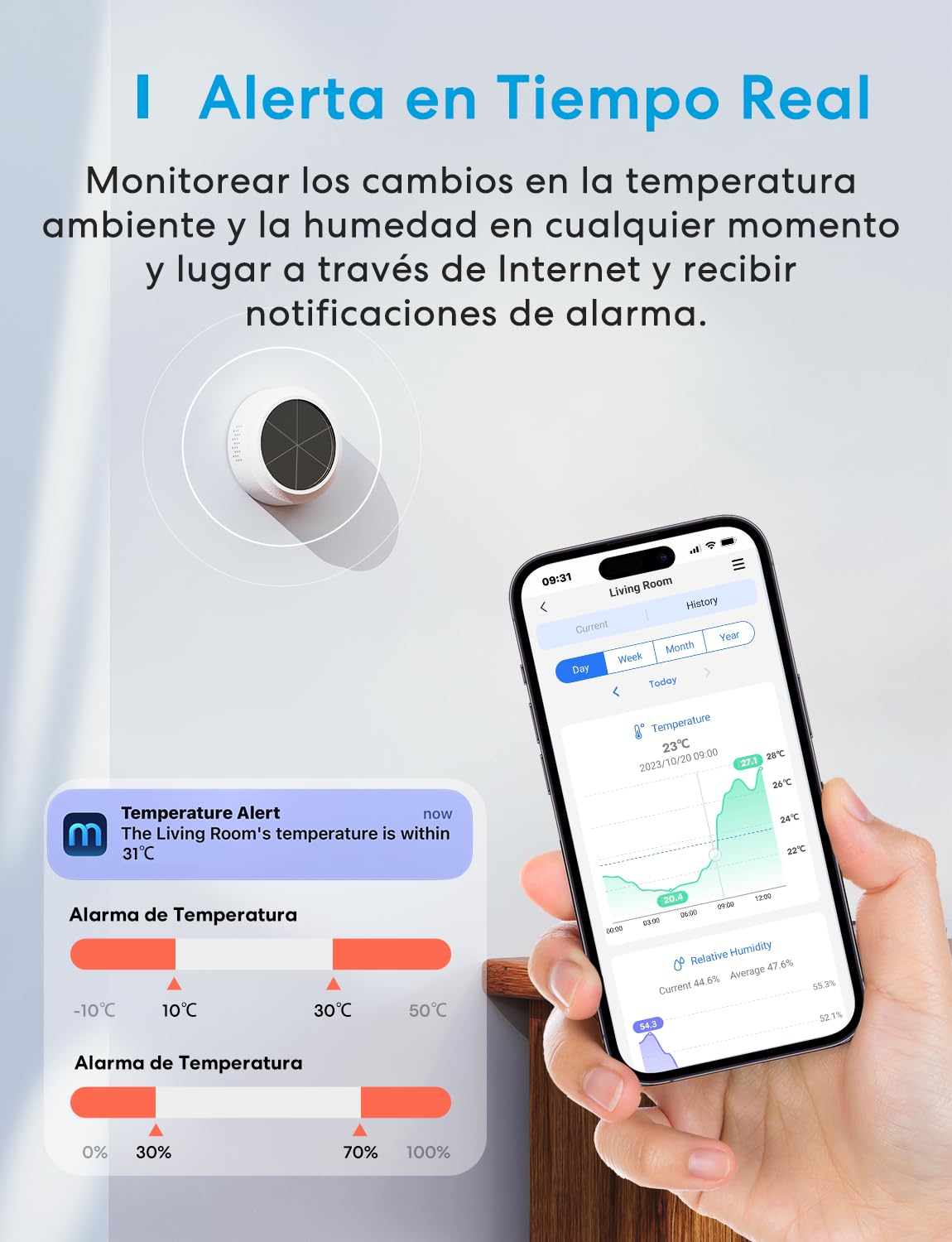 Meross WiFi Termómetro Higrómetro Inteligente, Control con App y Voz, Soporta Alerta y Notificación, Compatible con Apple HomeKit, Alexa, Google Home y SmartThings (Requiere Hub)