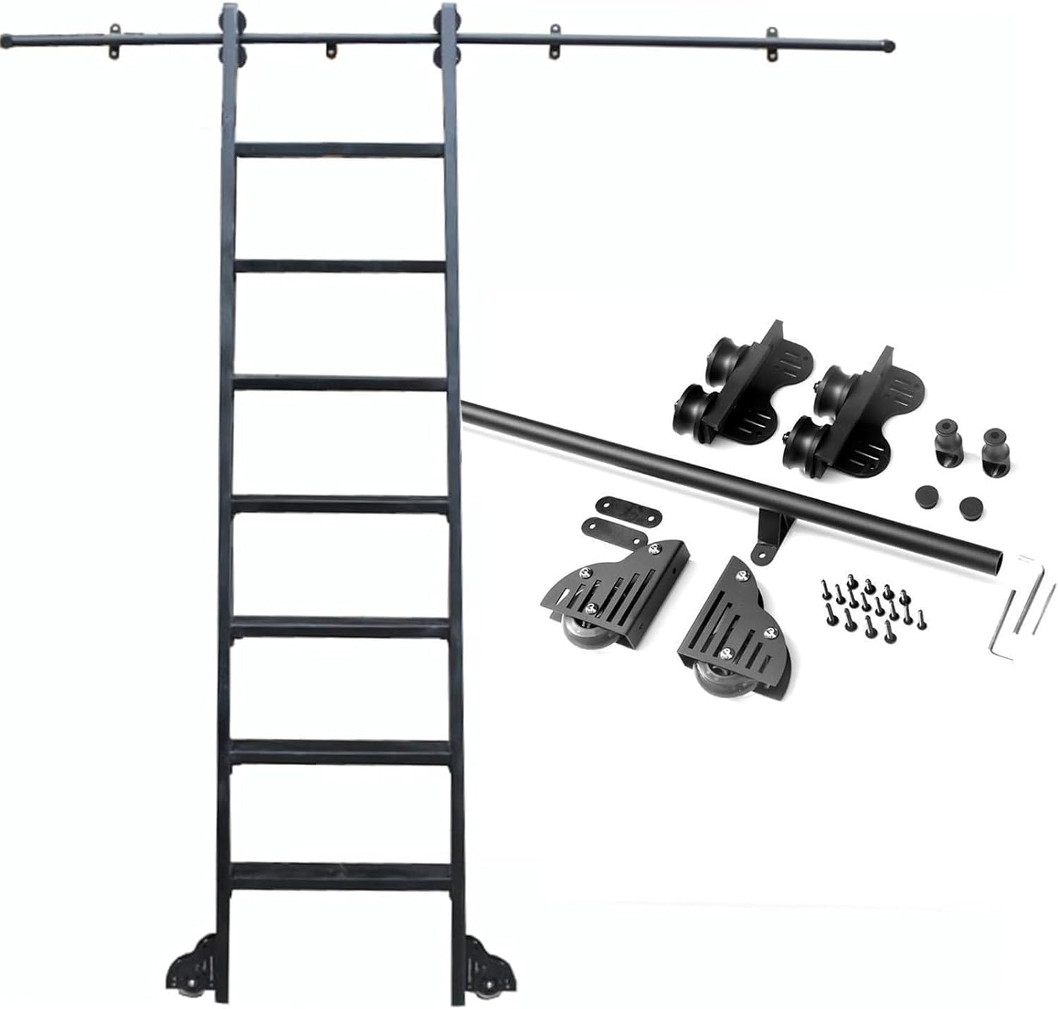 Kit Hardware per Scala Scorrevole per libreria Binario Scorrevole - Kit Completo di binari per Scala Scorrevole telescopica, con Ruote Inferiori con Freno (Senza Scala) Kit Binario