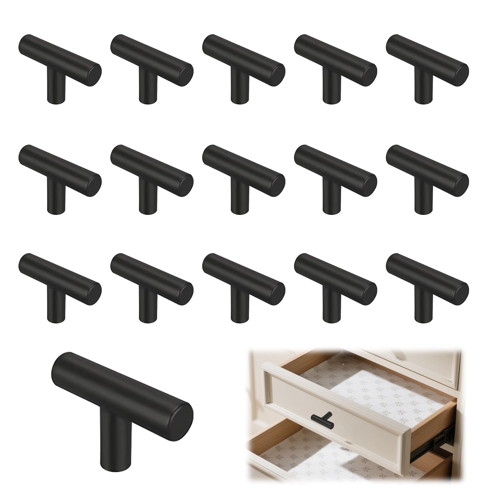 Verazquy 15 Pcs Black Kitchen Cabinet Handles and Drawer Knobs - 50mm T Bar Handle, Matte Black Door Drawer Knobs for Wardrobe, Furniture, Bathroom.