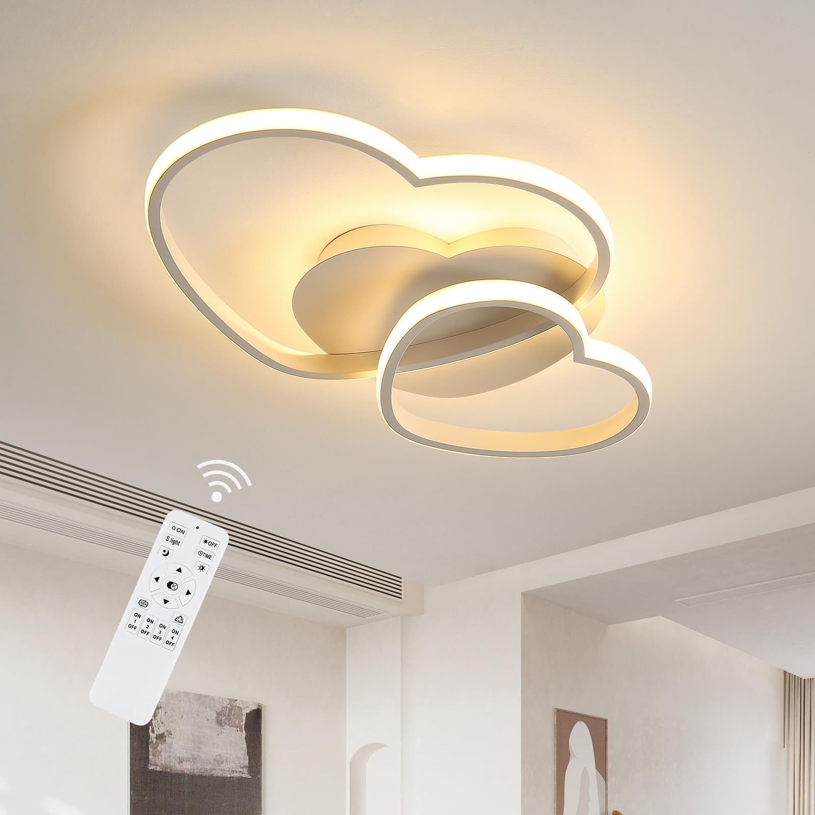 Riserva Dimmable LED Ceiling Light, 64W Heart Ceiling Lamp Modern, 3000K-6500K, Chandelier White with Remote Control for Bedroom, Dining Room, Kitchen, Children's Room