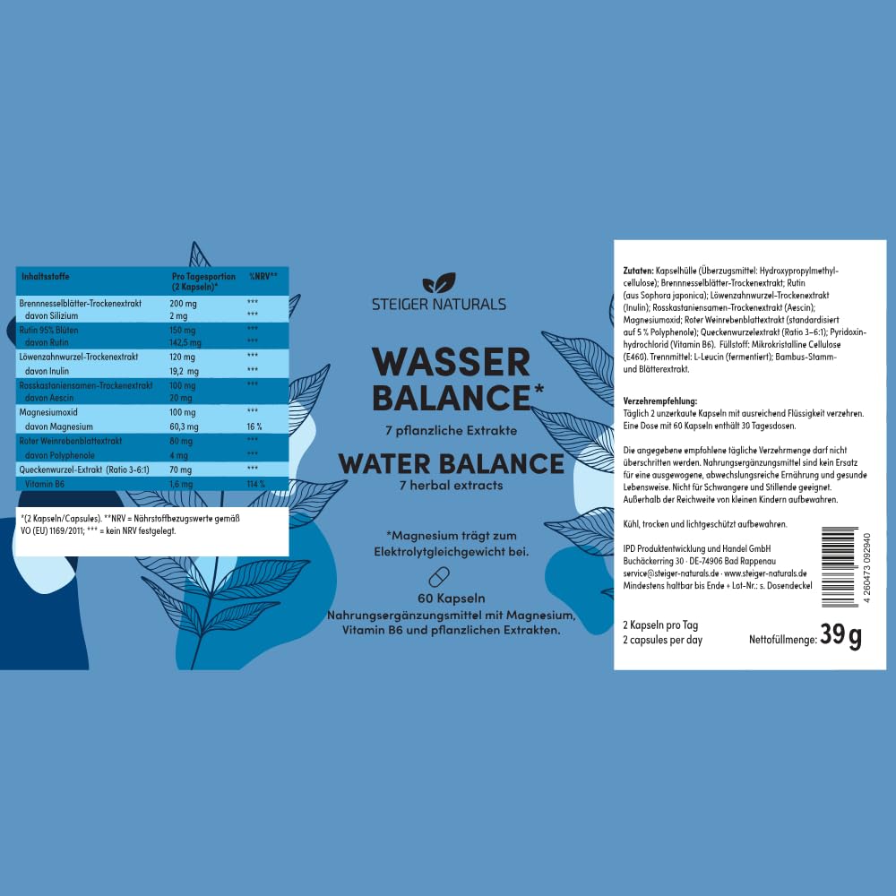 Steiger Naturals Wasser Balance – mit Brennnessel, Löwenzahn, Rosskastanie, Rutin, Magnesium & Vitamin B6 – 60 vegane Kapseln