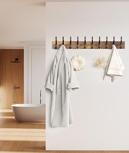 Miniatura 4 de Perchero de 32.3 pulgadas para montaje en pared, perchero con 10 ganchos de metal resistentes y madera real marrón, paquete de 2 percheros para