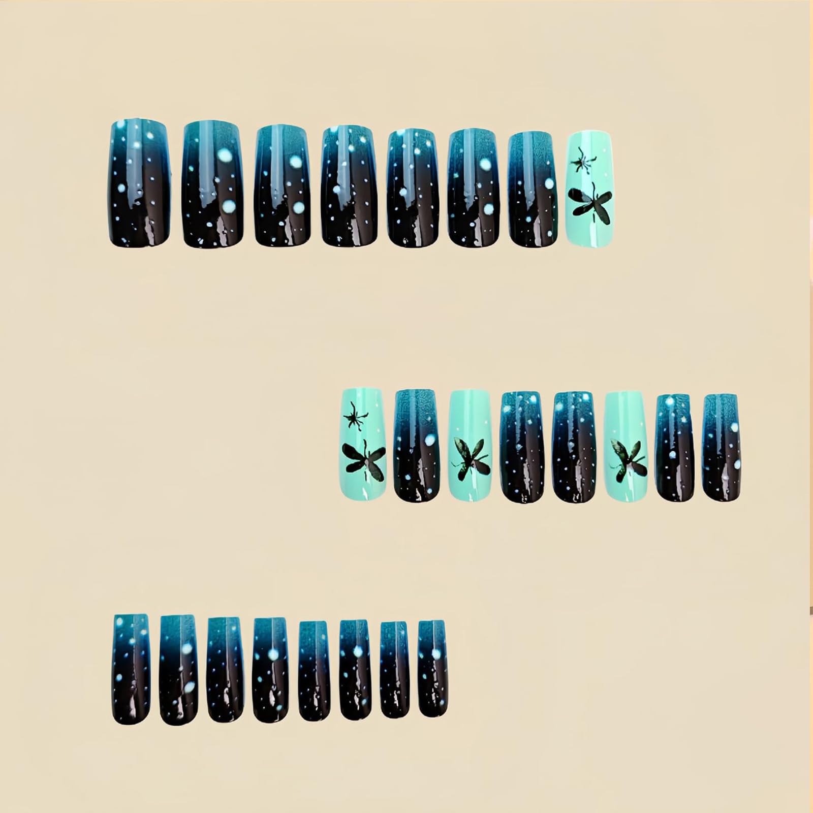 Shimmerz 24 Piece Dark Green Gradient Sticker Nails, Long Length Butterfly Pattern False Nails, Square Coffin Nails for Women - Image 3
