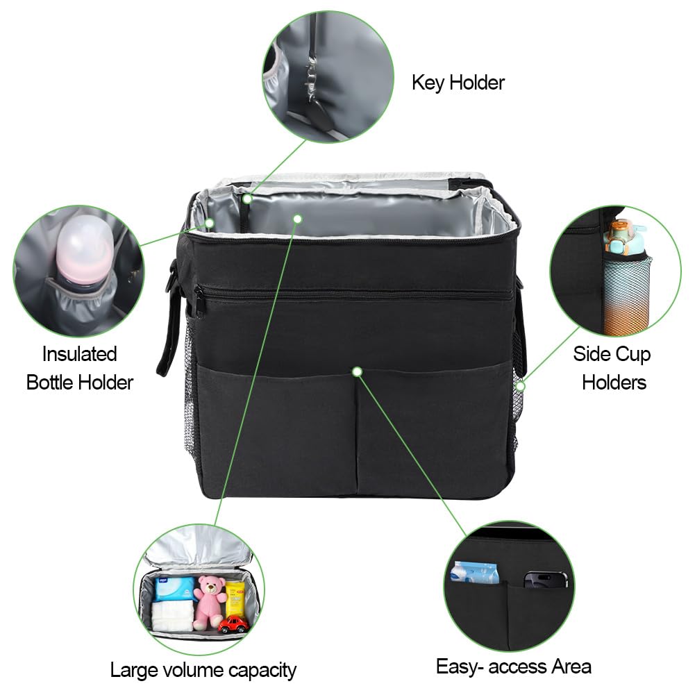 HOTUT Grand Baby Sac de Rangement pour Poussette, 34×33×19cm, Sac Landau Universel et Imperméable Multifonctions, 2 Poches en Filet et Bretelles Réglables pour Ranger Les Couches, Les Lingettes