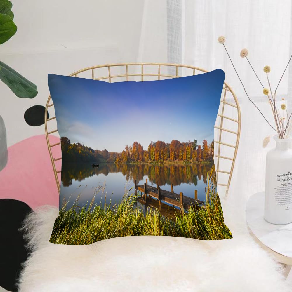 Hyosxw Qiu'an Pier With Mirrored Water And Forest, - A5 Cushion Cover,Throw Pillow Case Home Decorative For Living Room Bedroom Sofa Chair 18X18 Inch,Qiu'an Pier With Mirrored Water And Forest, Close-Up Of Gilded Forest Bank,Pillowcase 45X45cm