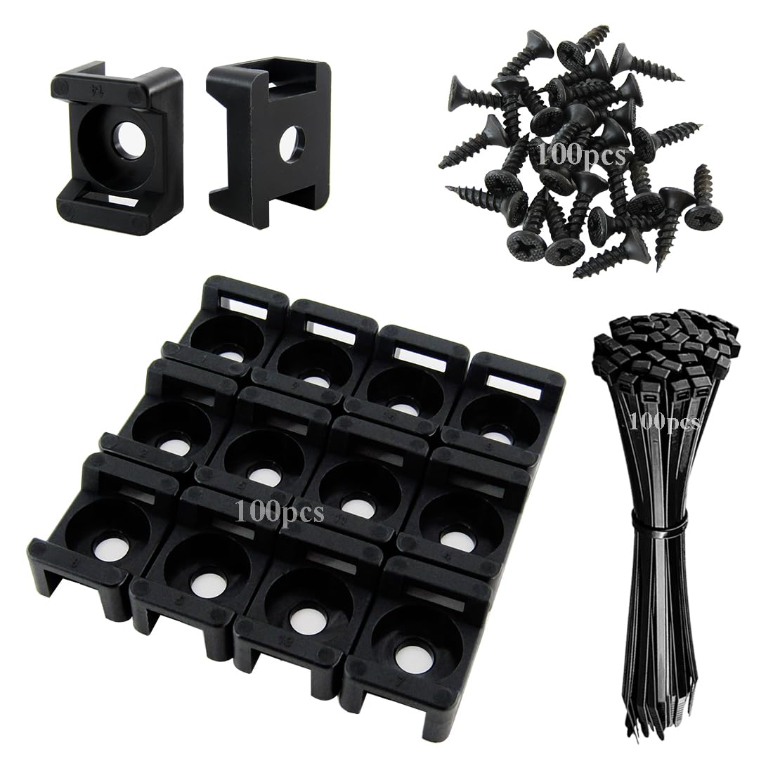 Cable Tie Base, 21.5 x 16 mm with Screw Holes, 150 mm Nylon Cable Ties and Screws, Pack of 100 Each
