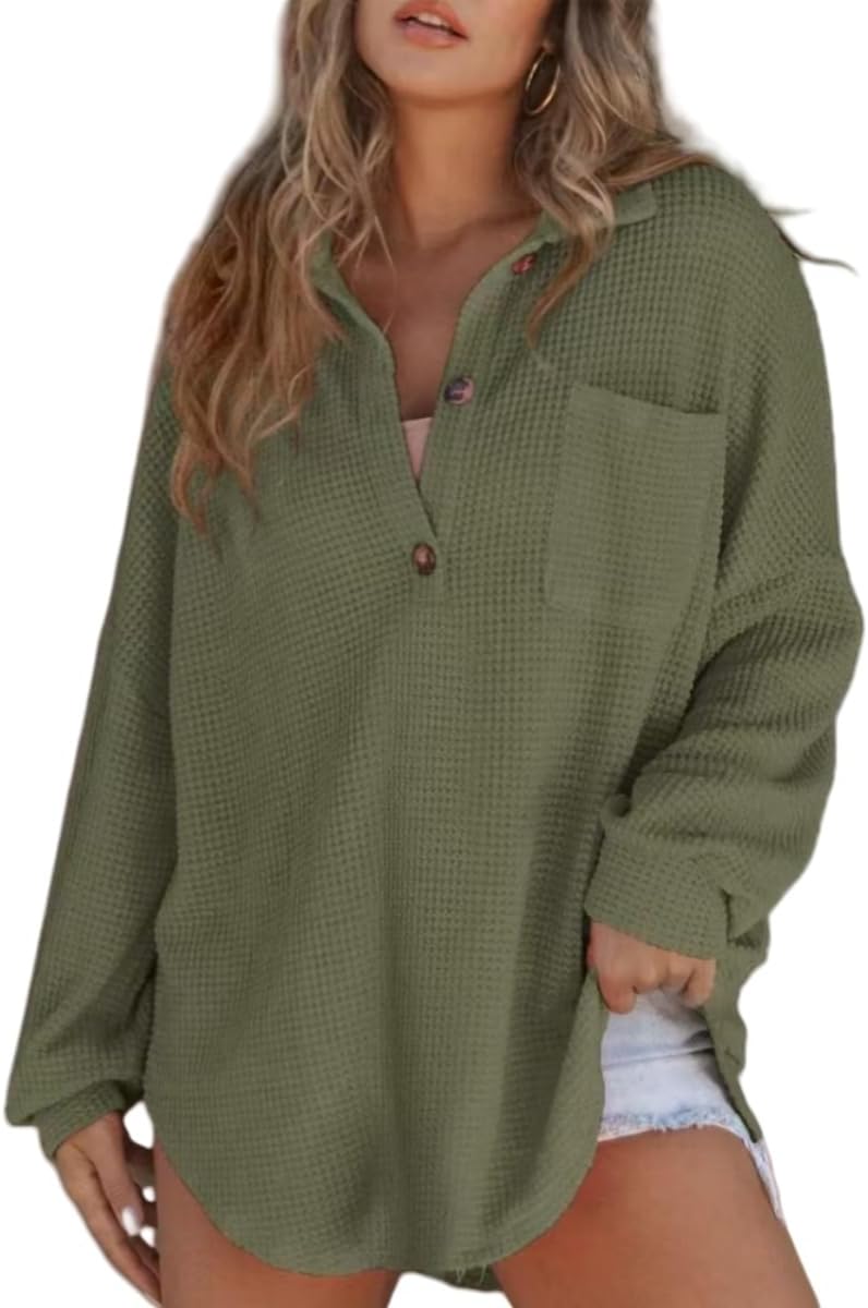 Women’s Waffle Knit Tops Loose Long Sleeve Tops Button Up Henley Shirts V Neck Solid Color Casual Tunic Pullover Tops - Image 3
