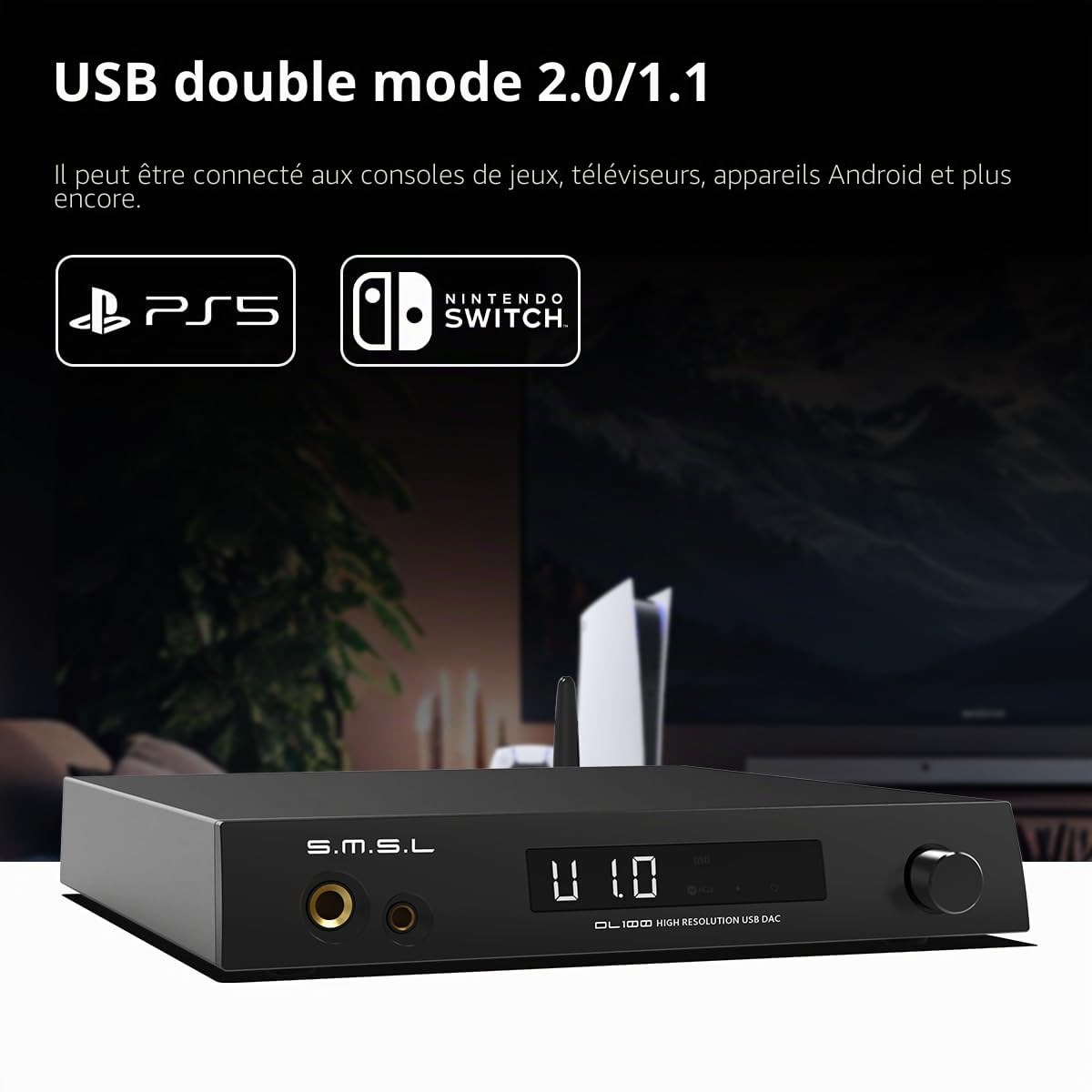 SMSL DL100 Amplificateur audio décodeur pour écouteurs, 4 puces CS43131, HDMI (ARC) peut être décodé pour TV, double mode ISB, sortie casque double 6,35 mm + 4,4 mm, XLR symétrique + sortie RCA,