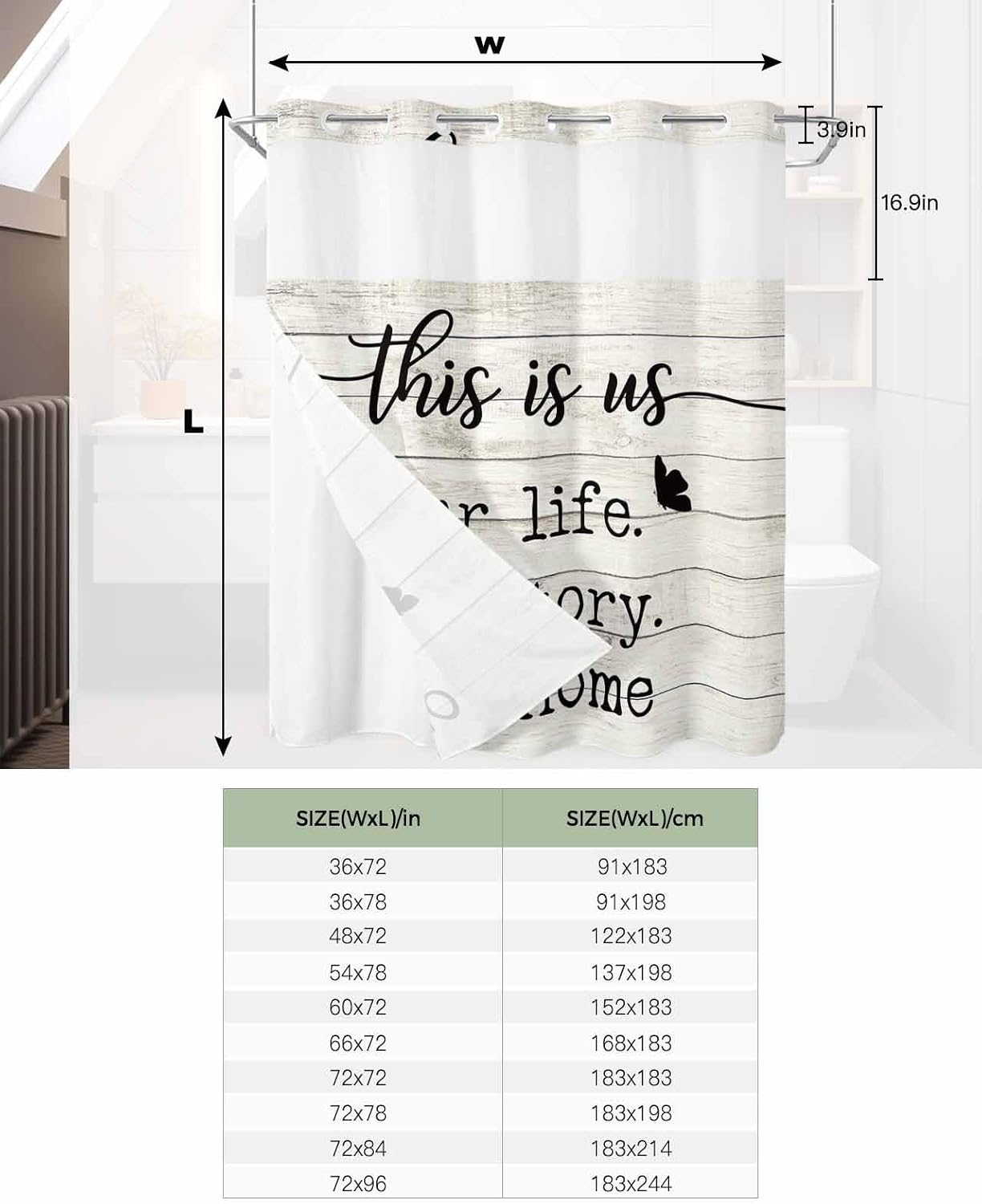 ALAGEO Shower Curtain with Snap-in Fabric Liner Set Farmhouse Style No Hook Shower Curtain with Mesh Top Window Funny Quote Wood Grain Shower Curtains Waterproof 72x72