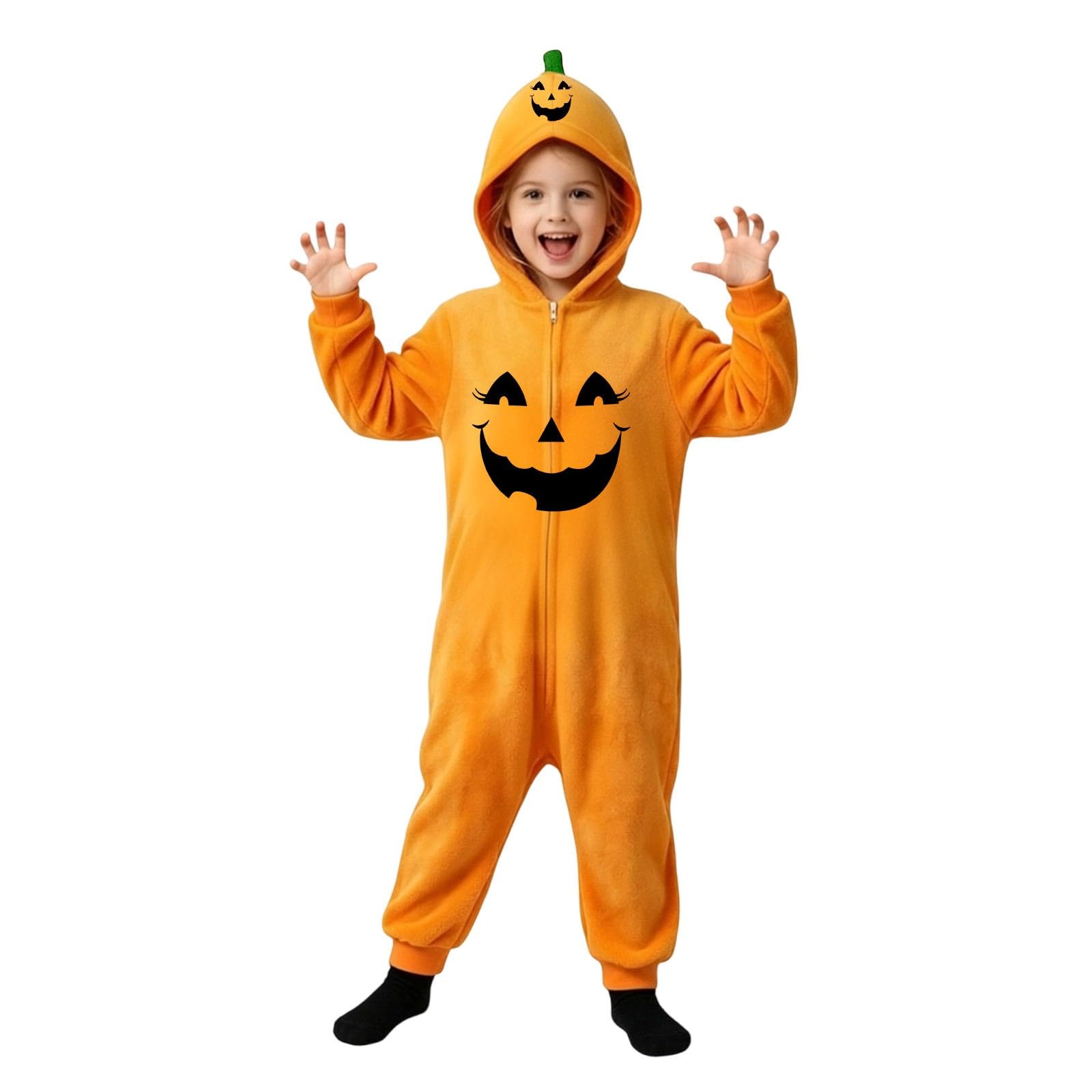 Kids Hooded Pumpkin Fleece Onesie Soft One Piece Halloween Fancy Dress Outfit with Green Leaf Collar Lantern Print Front Zip Cosplay Costume for Kids Dress Up Play Trick or Treat Events — image 1