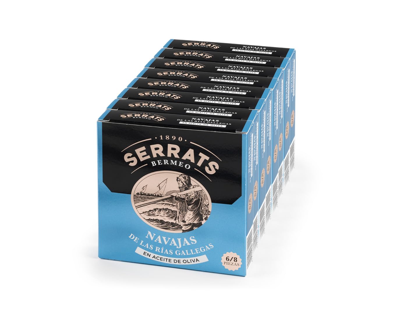CONSERVAS SERRATS - Messermuscheln aus den Rías de Galicien in Premium Olivenöl - 8 Dosen x 110g (Gesamt: 880g) - Handwerkliche Herstellung seit 1890 - Glutenfrei - Reich an Omega 3 – Premium