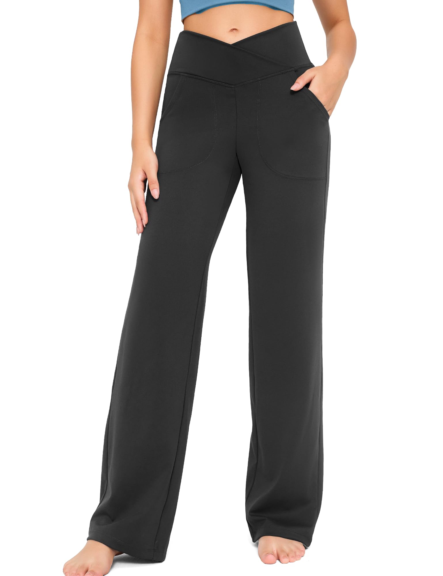 Yogaration Yogahose Sporthose Damen, Weite Hose High Waist Freizeithose mit V-Taille, Bequem Wide Leg Hose Arbeithose mit Tasche, Trainingshose Fitness Jogginghose