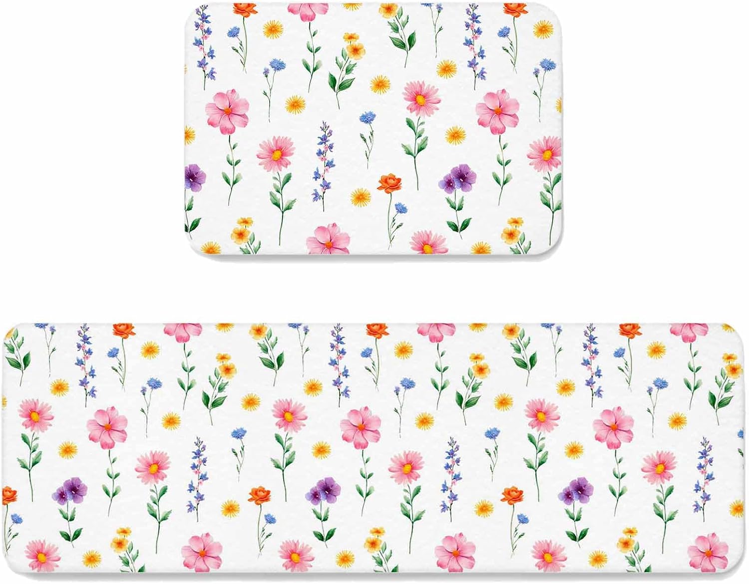 Prime Leader Spring Summer Wildflowers Kitchen Mat Set 2 Pieces Pink Green Yellow Floral Non Slip Kitchen Rugs Washable Runner Rug Mats for Floor Sink Laundry Office 23.6" x 35.4"+23.6" x 70.9"