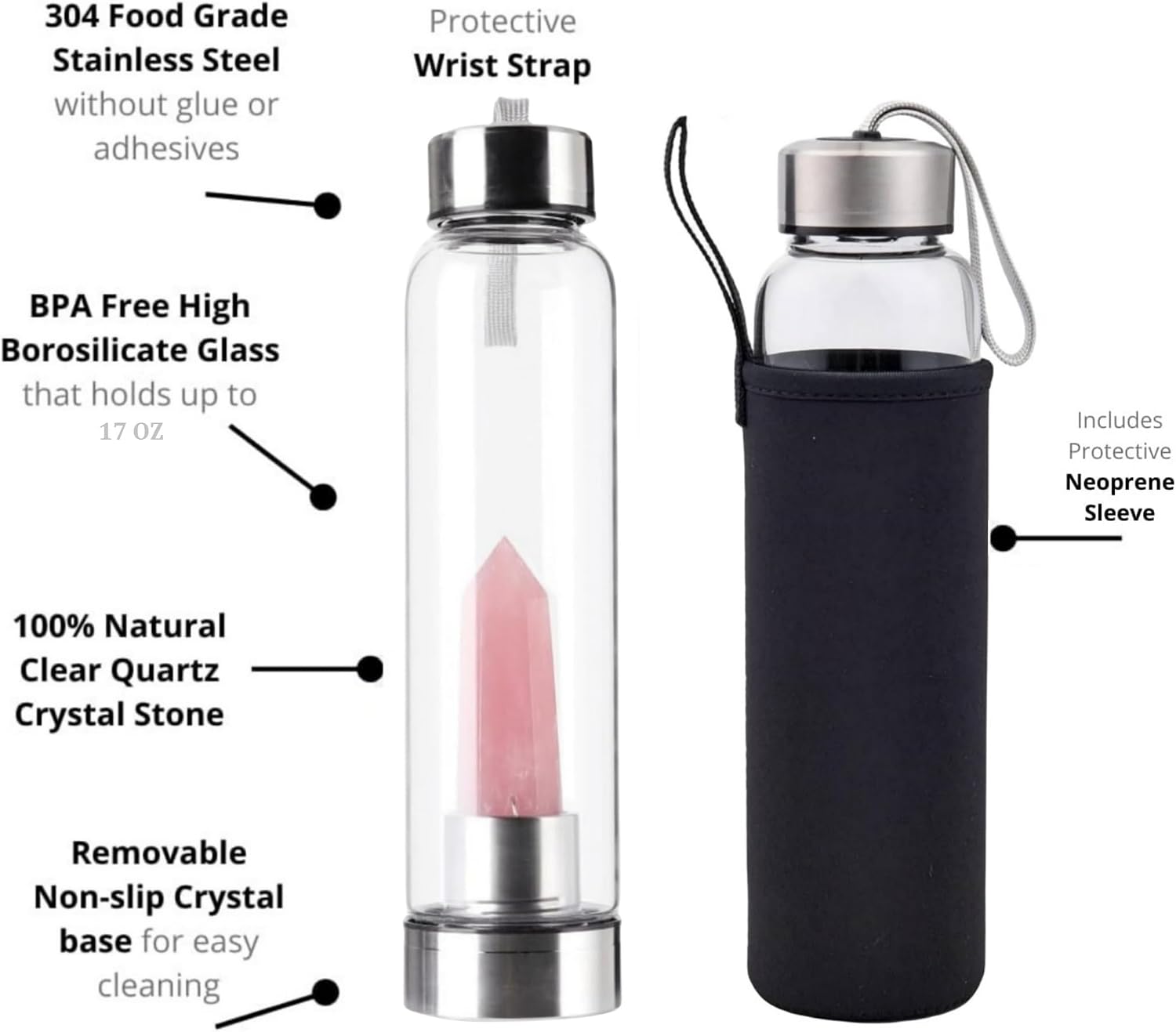 Natural Pink Crystal Glass Water Bottle, Gemstone Center Infused Rose Quartz Sports Cup Obelisk Wand Energy Cup for Healing Wellness