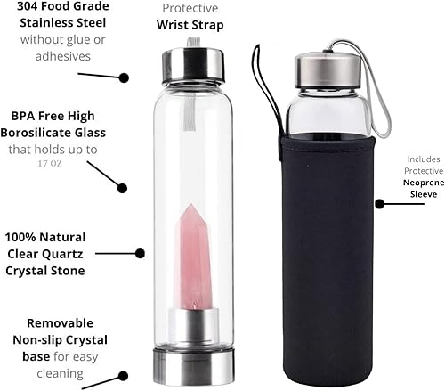 Miniatura 4 de PROW Botella de agua de cristal curativo natural, suave palo de cristal rosa suave, deportes de energía, yoga, botella para beber al aire libre,