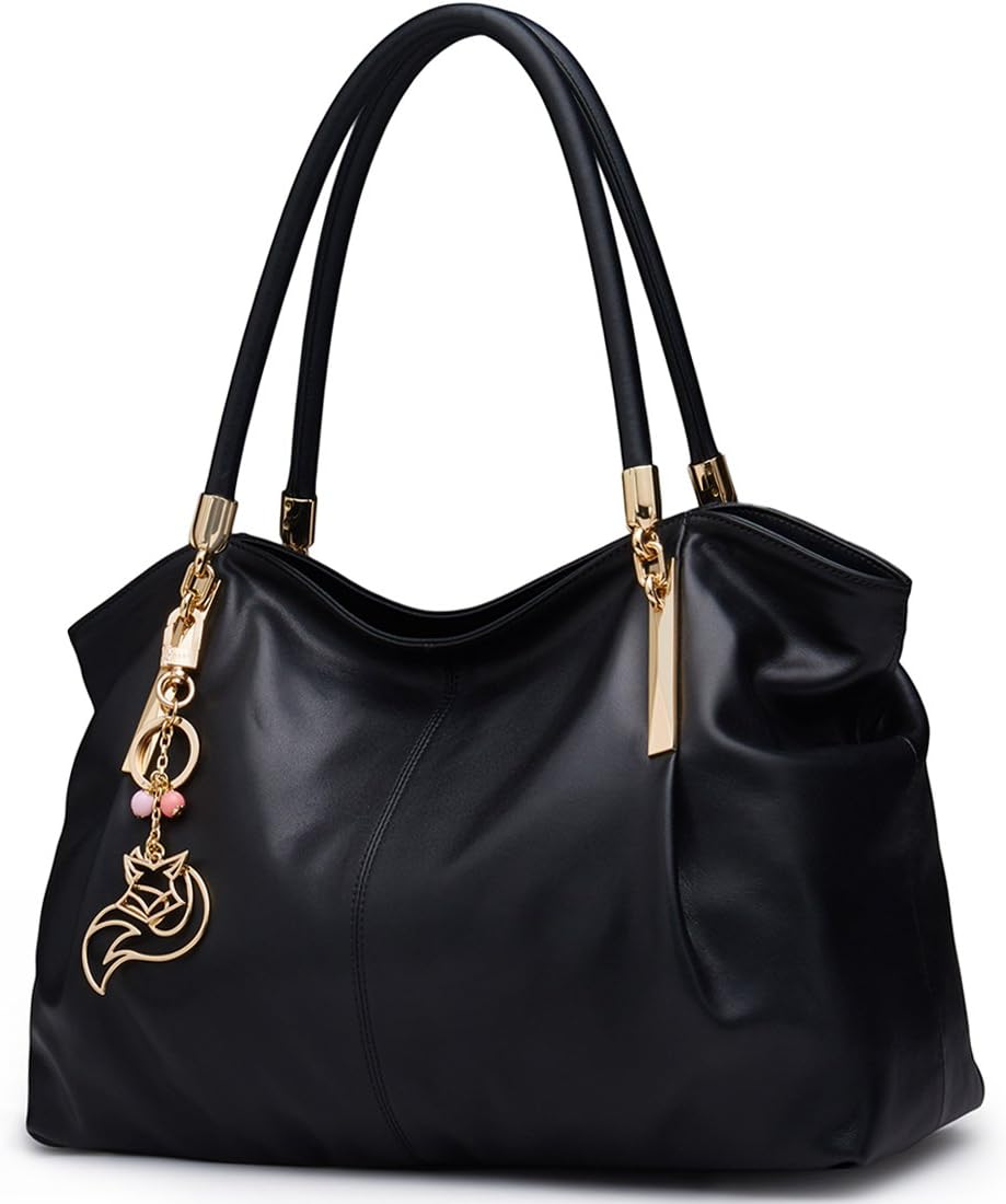 Black Leather Handbags for Women, Genuine Leather Ladies Top-handle Bags with Keyring Jewelry Decoration Womens Real Leather Designer Shoulder Bags Women's Large Soft Tote Satchel Purses and Handbags