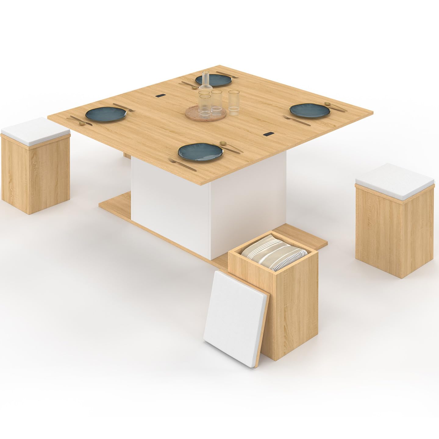 IDMarket - Table Basse Plateau relevable rectangulaire Convertible en Table à Manger Eden 100 cm Bois et Blanc avec poufs
