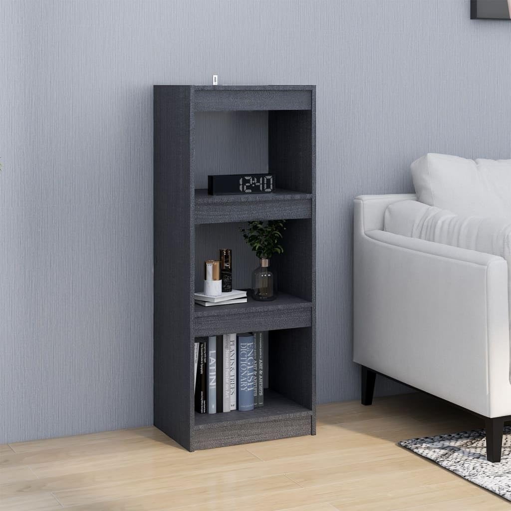 Bücherregal Grau aus Massivholz Kiefer, 40x30x103,5 cm, 3 geräumige Fächer für Bücher und Dekoration, vielseitig als Raumteiler nutzbar, pflegeleicht mit feuchtem Tuch