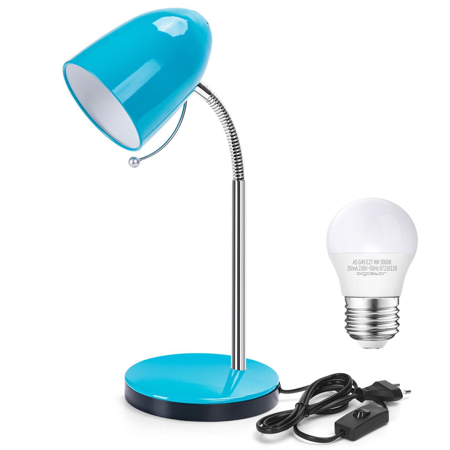 Aigostar Lámpara de Escritorio Retro de metal, Flexo LED Escritorio con Cable de 150cm, Lámpara de mesa con E27 Bombilla LED, Cuello de luz flexible, 3000K Luz cálida, Máx 240V, Ra≥80, Azul