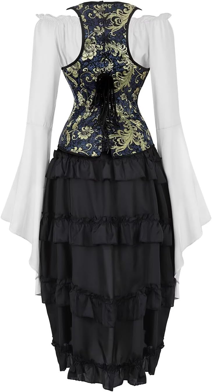 Jutrisujo Underbust Corset Dress Top Straps Skirt with Tutu 3 Set Plus Size Vintage Lace up Gothic Costume Halloween