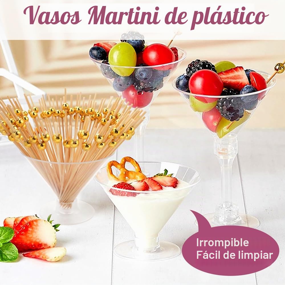 RETON Juego de 100 vasos de plástico para martini, vasos de cóctel reutilizables de 5 onzas, tazas altas de margaritas con 100 palillos de frutas, mini tazas de postre reutilizables para fiestas,