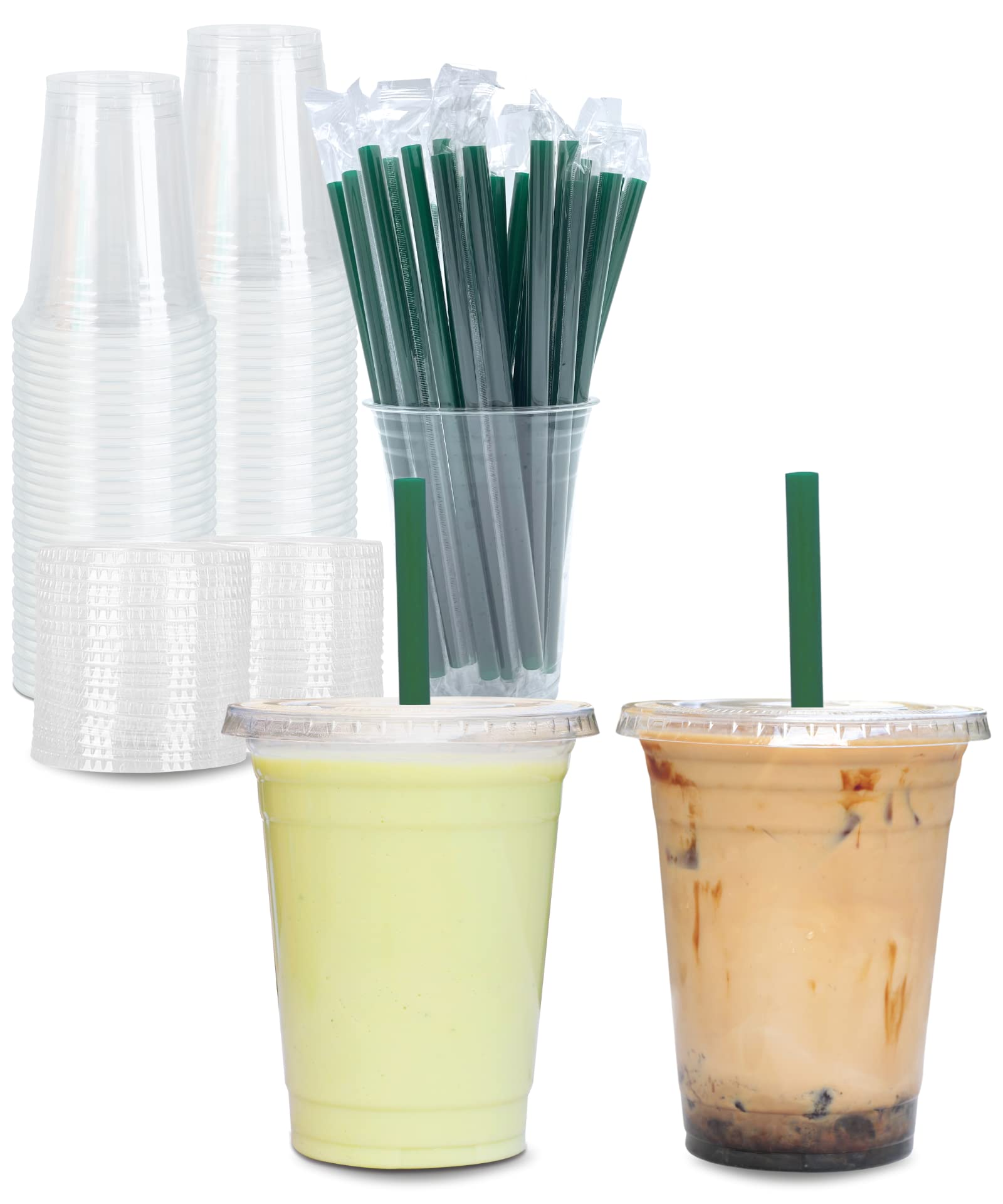 [100 Sets] 12 oz Clear Plastic Cups with Lids and STRAWS, Disposable Party Cups for To Go Iced Coffee Cold Drinks, Smoothie, Juice, Parfait, Frappuccino, Milkshake. No Leaking Fruit Cup