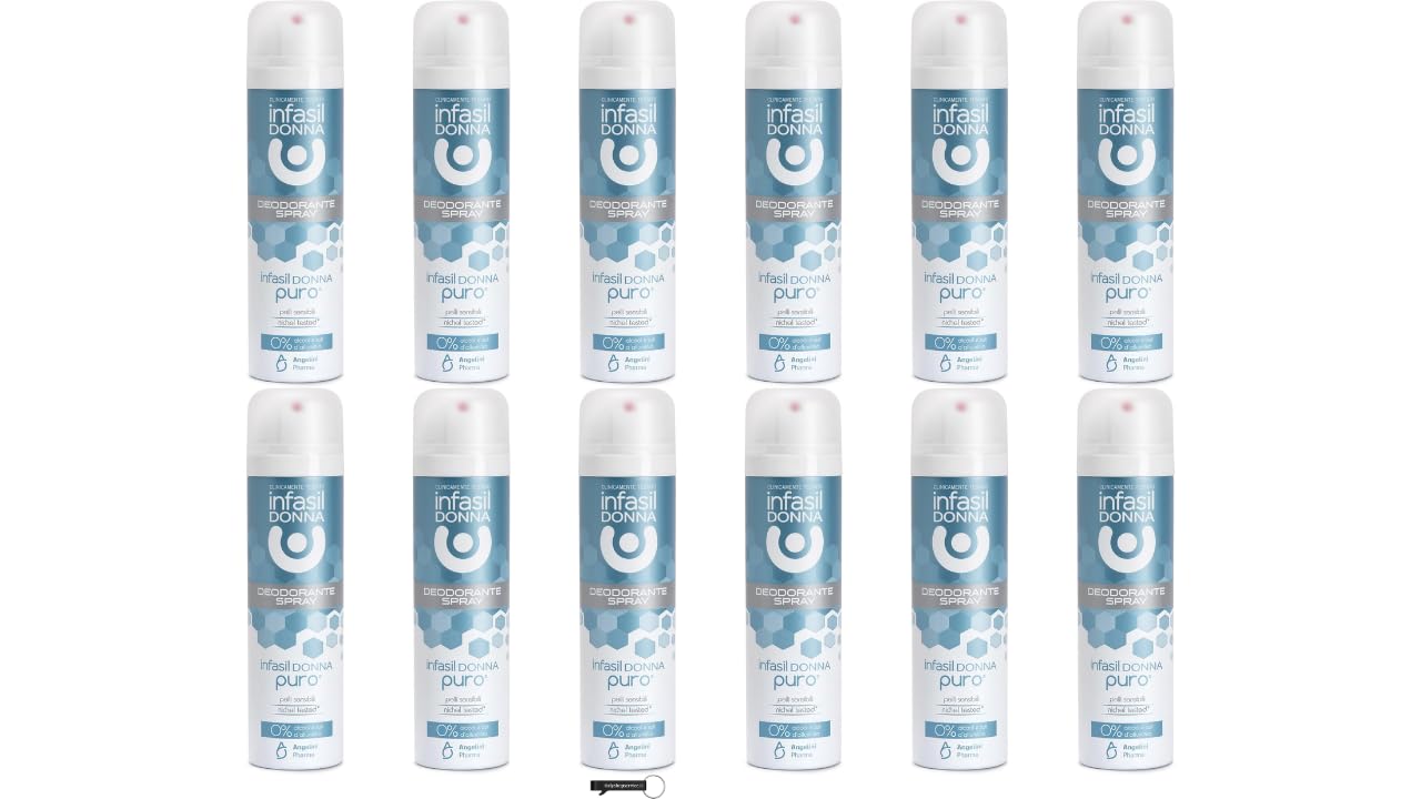 Infasil Donna Puro - 12 deodoranti spray per pelli sensibili, 0% sali di alluminio, senza alcool, nichel testato, protezione 24 ore, 150 ml + portachiavi in omaggio