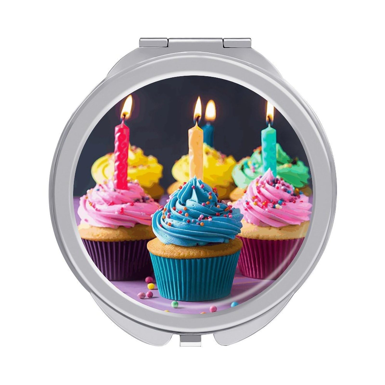 JTREHY Colorful Happy Birthday Cupcakes Makeup Mirror Portable Folding Mirror Compact Travel Mirrors 2-Sided Round Pocket Mirrors Cute Handheld Beauty Mirror for Handbag Purse for Women Gift