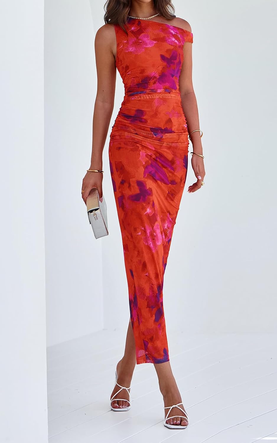 PRETTYGARDEN Women's 2026 Summer Floral One Shoulder Maxi Dress Wedding Guest Ruched Mesh Bodycon Long Cocktail Dresses - Image 3