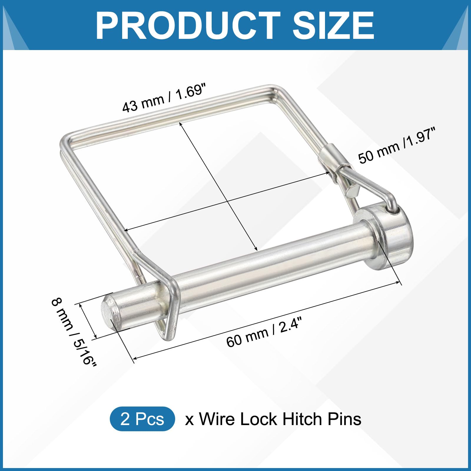 PATIKIL 2 Pcs Perno Di Aggancio Per Rimorchio 5/16" x 2.4" (8mm x 60mm) Fermo A Filo Di Sicurezza Perno Di Aggancio Arco Dell'Albero Clip Di Blocco A Molla Quadrato Per Rimorchi Agricoli