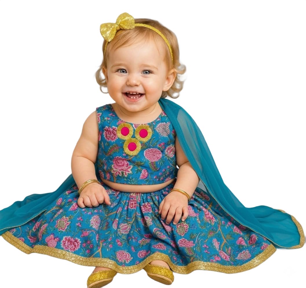 A.T.U.N. (ALL THINGS UBER NICE) Baby Girls 100% Cotton Ethnic Floral Printed Lehenga Choli Set with Lace & Dupatta | Traditional 3-Piece Festive Outfit for Kids