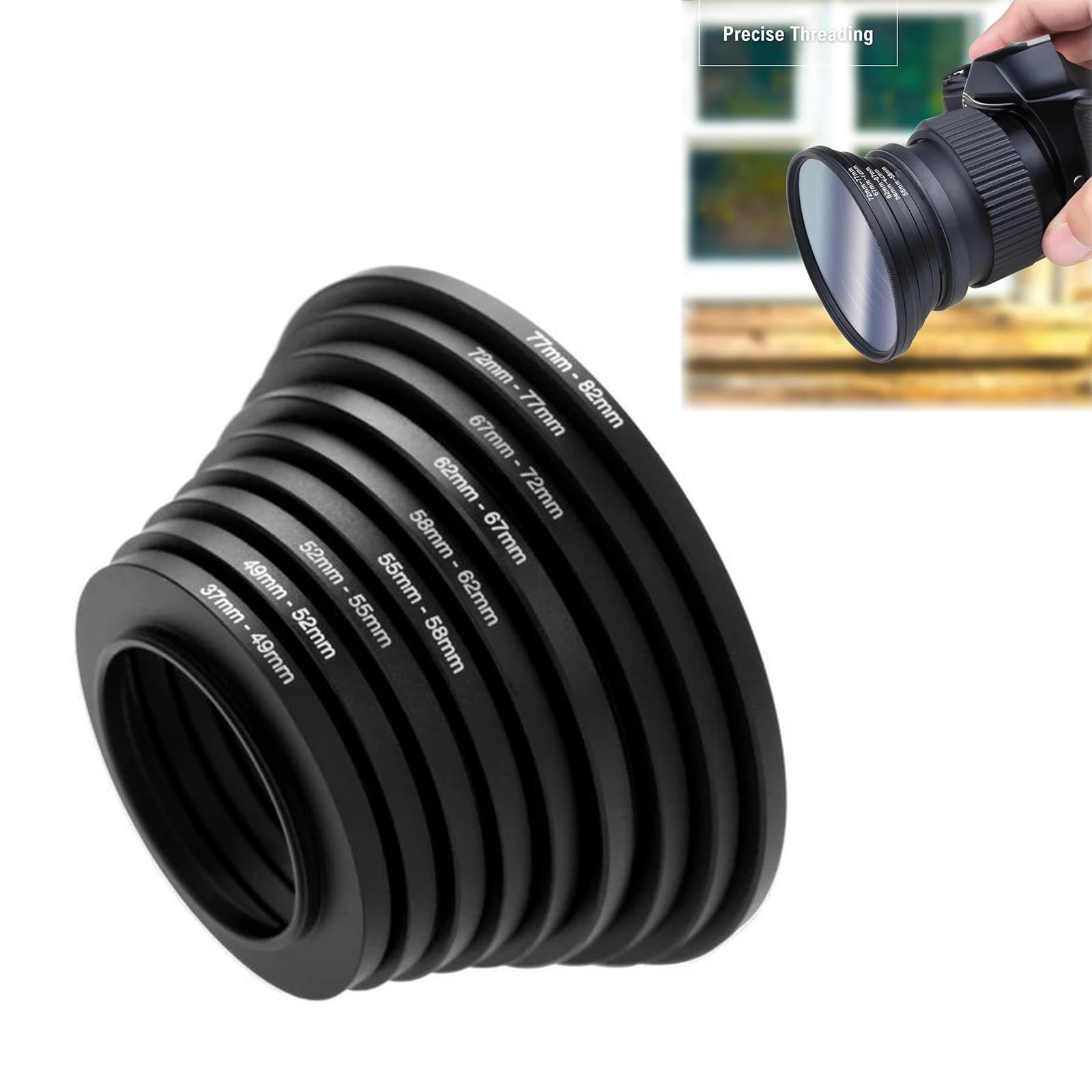 Kit de Bague d'Adaptation pour Filtre de Caméra, Adaptateur d'Objectif en Métal, Diamètre de 37 mm à 82 mm
