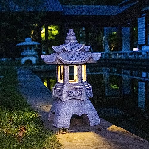 DIBIEECN Japanese Garden Decor Pagoda Garden Statue, Solar Patio Lights, Zen Landscape Lighting Garden Decor, Asian Outdoor Decor for Yard Backyard, Gifts for Women Mom