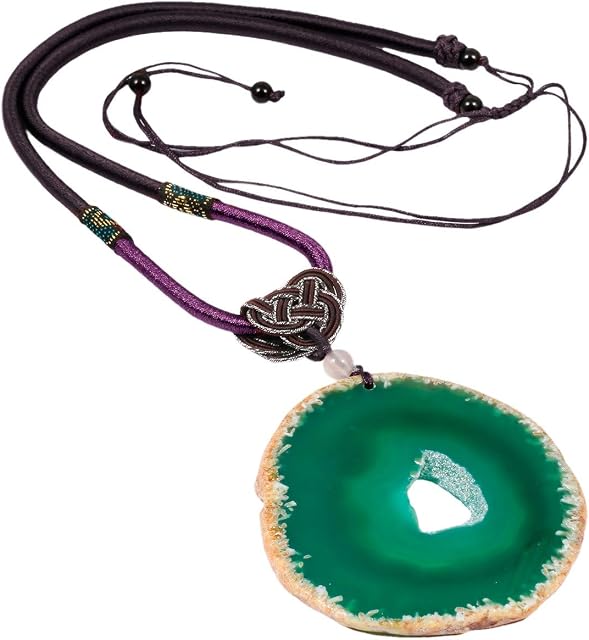 mookaitedecor Agate Geode Crystal Pendant,Healing Semi Precious Gemstone Necklace with Adjustable Rope for Women Men