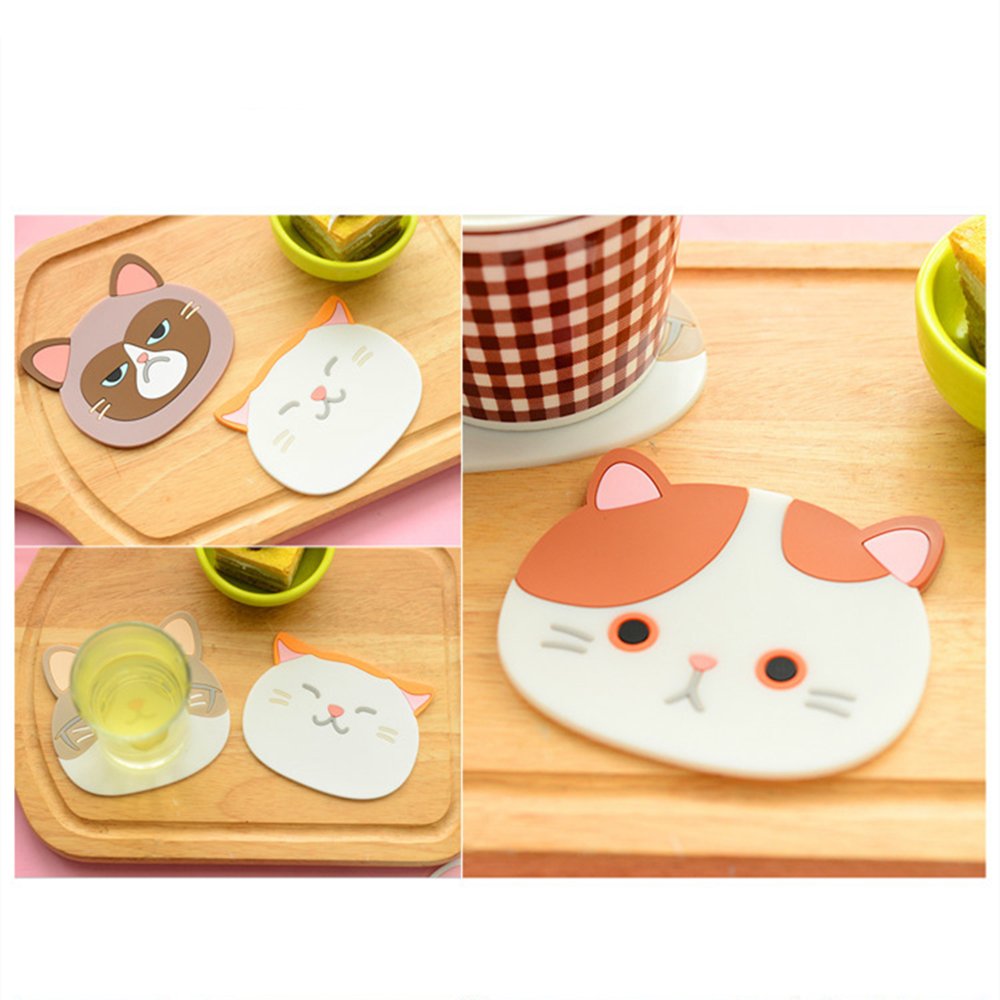 Doryum 6-Piece Silicone Cat Coaster Set - Cute, Non-Slip Drink Coasters For Table Protection